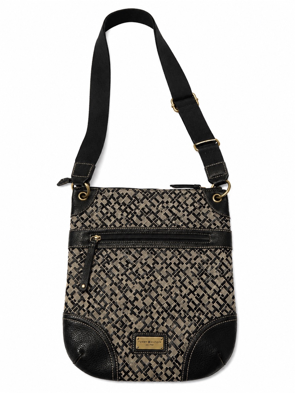 Tommy Hilfiger Black and Tan Patterned Crossbody Bag